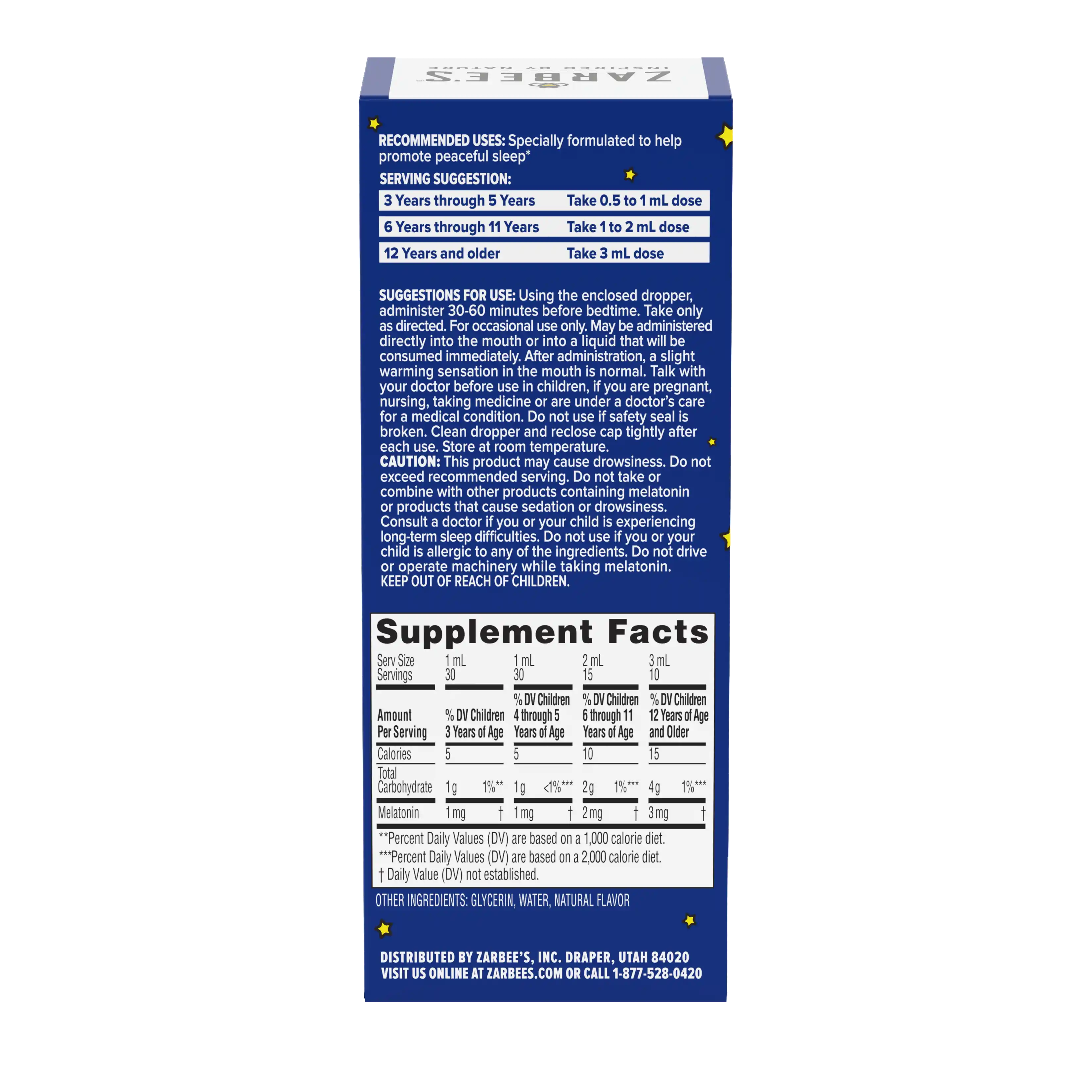 Back of packaging for Zarbee's Children's Sleep Liquid with Melatonin 