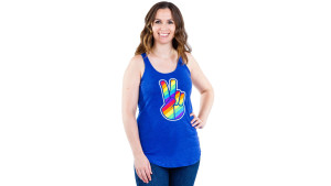 blue tank top with a rainbow peace sign
