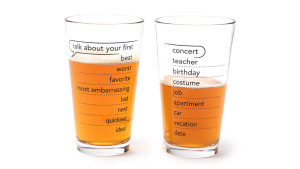 pint glasses with conversation starters on them