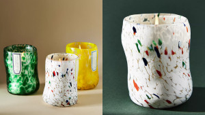 candle with wavy confetti-patterned jar
