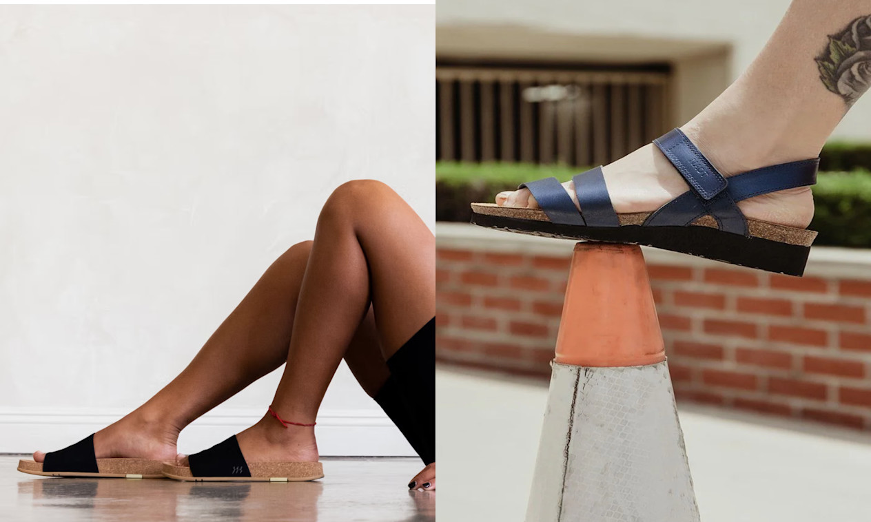 Women in flat sandals with black strap and cork bottom; women in blue strap sandal with cork bottom
