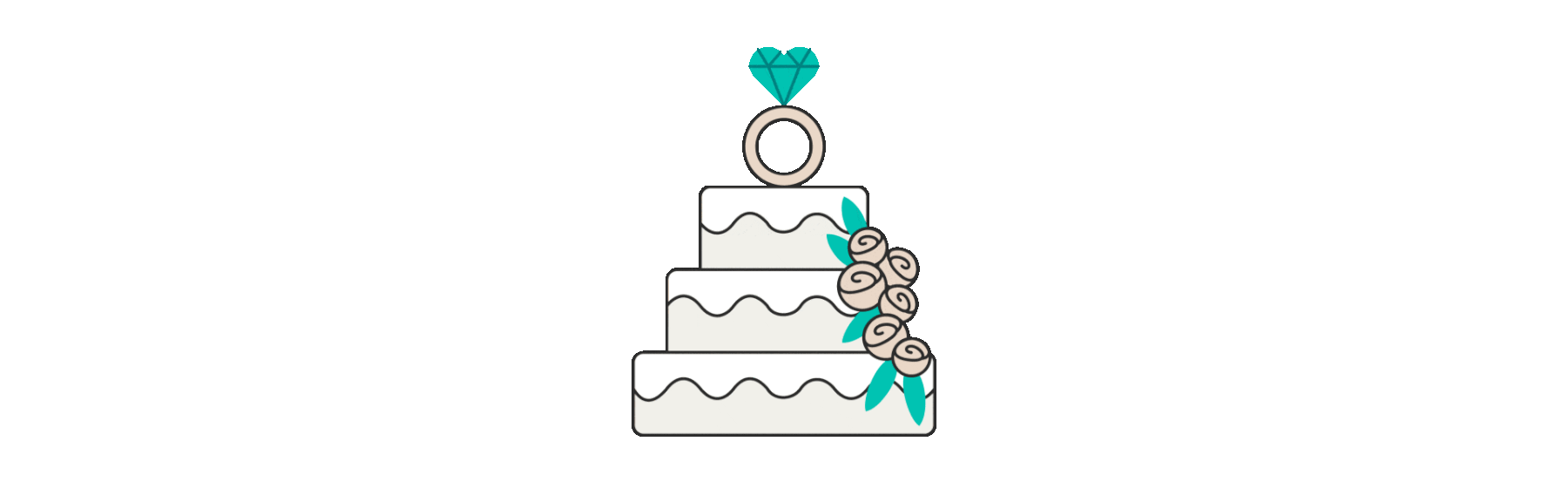 Wedding cake with flowers and ring topper illustration