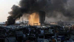 Smoke rises from a port facility after large explosions on August 4, 2020 in Beirut, Lebanon.