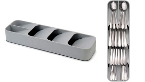 tiered gray cutlery tray to hold forks, spoons, and knives