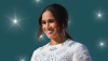 Photo of Meghan Markle, Duchess of Sussex on teal background