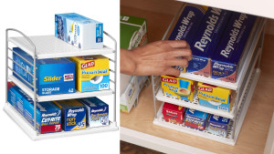 plastic storage rack that can hold foil, parchment paper, and food wraps