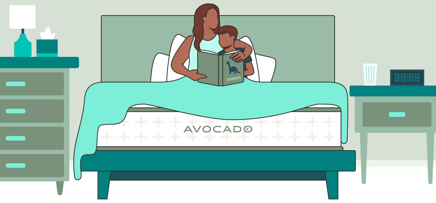 Woman and son reading on Avocado mattress bed