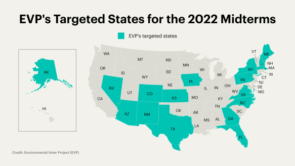 A map showing where environmentalists are being targeted for their vote ahead of the 2022 midterms.