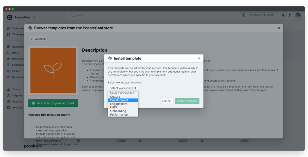 download development plan template to workspace