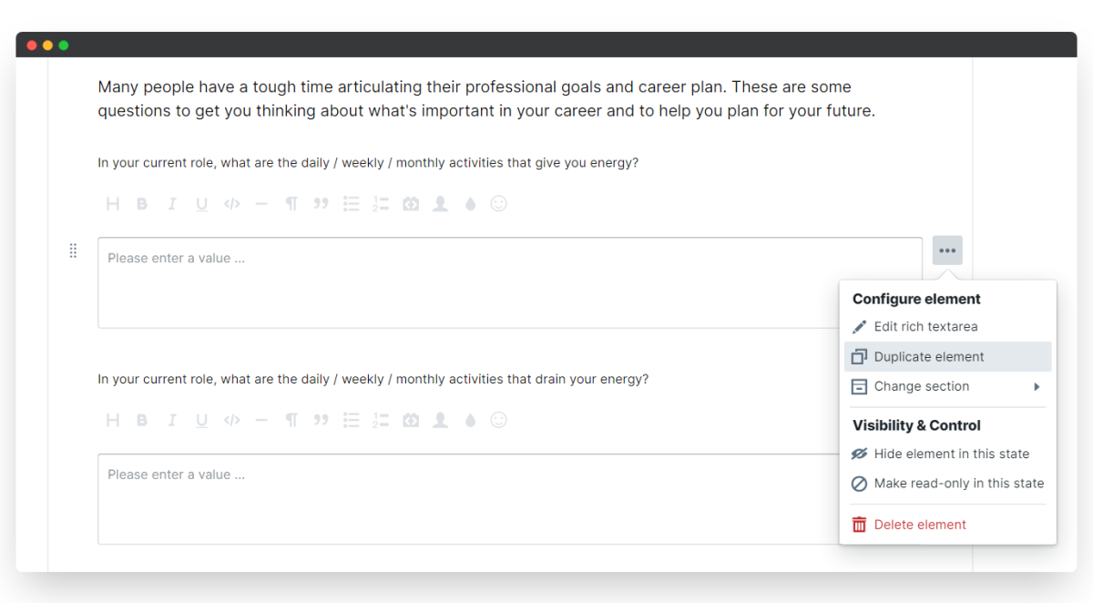 duplicate element in development plan