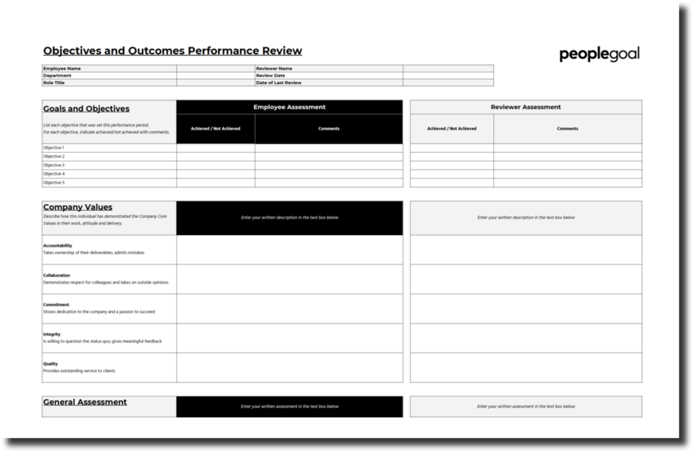 Template for Performance Review - Objectives & Outcomes