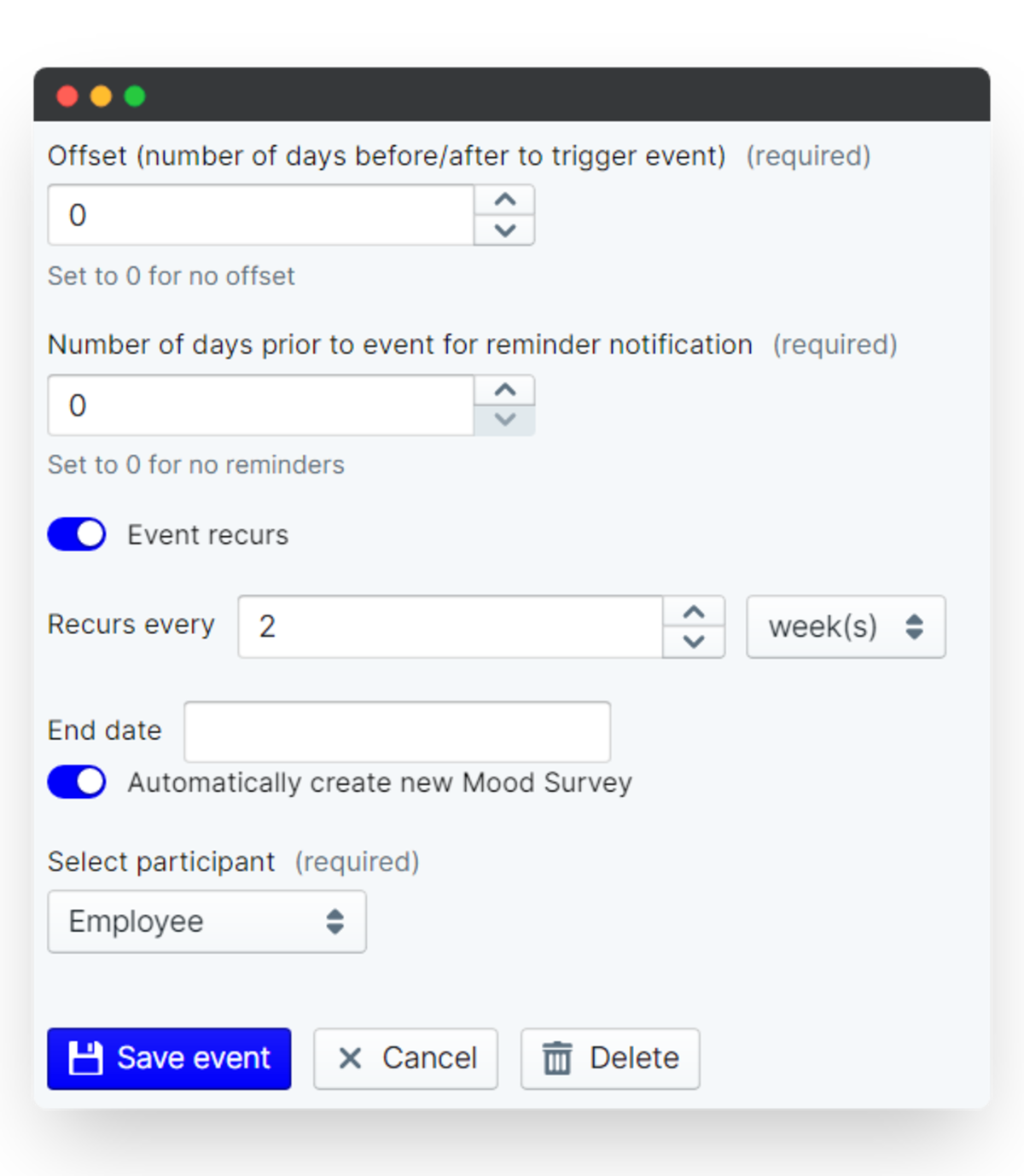 mood survey - event settings
