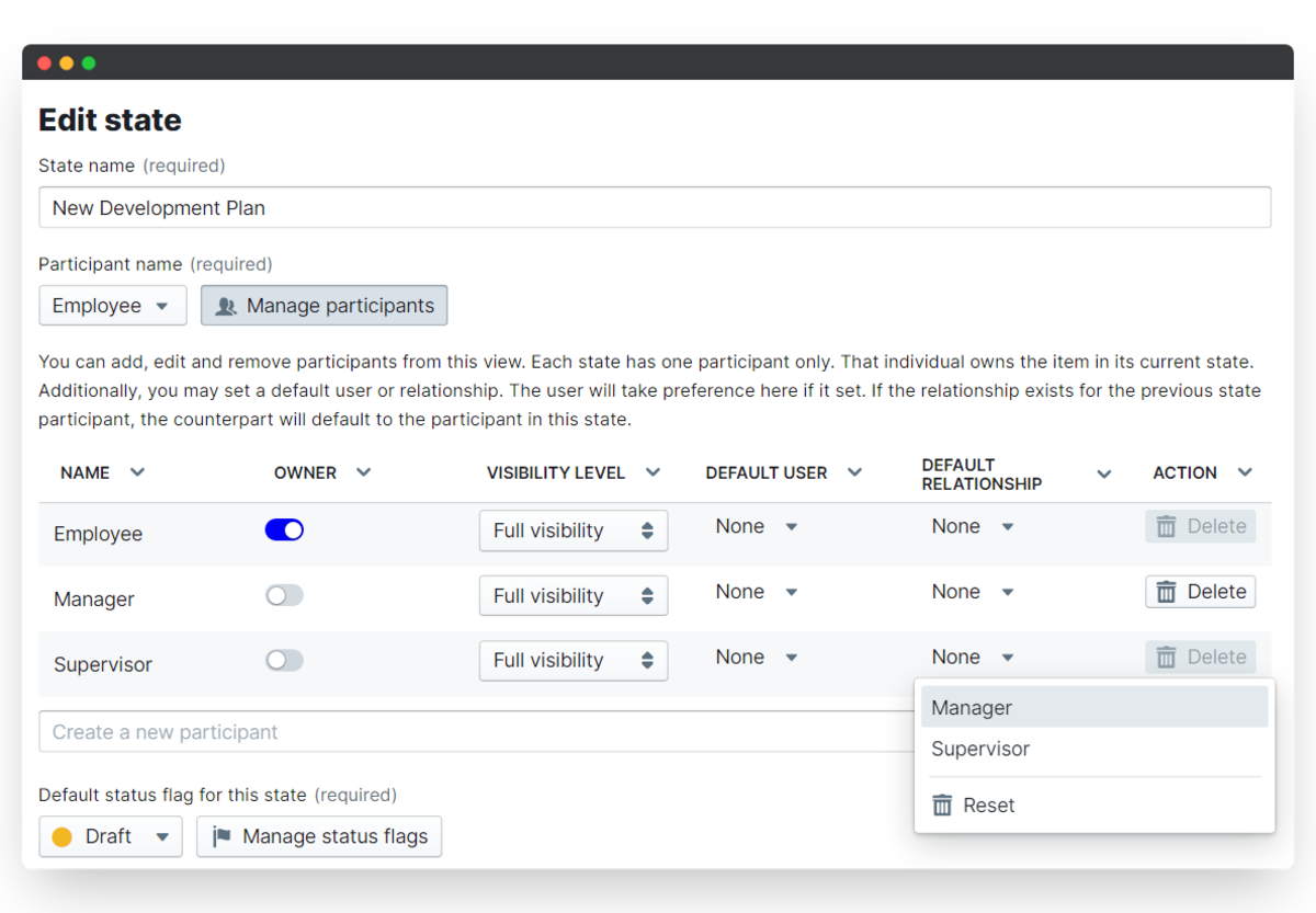 development plan - set default relationships