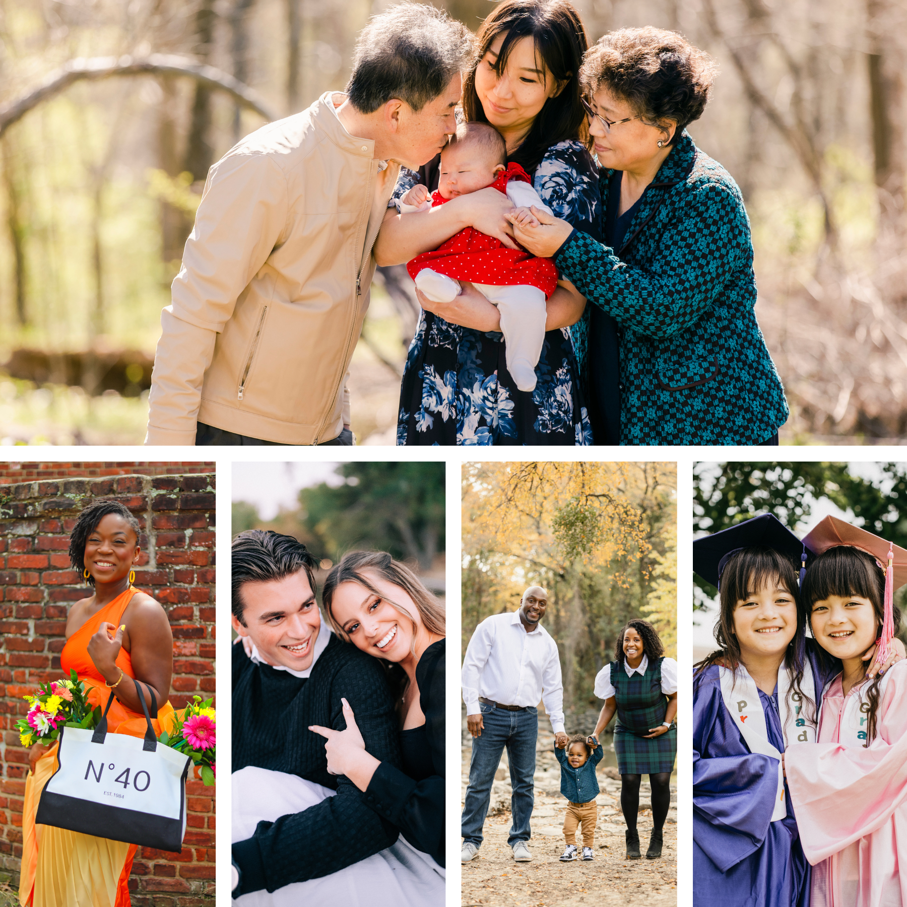 Collage of Shoott sessions across different life moments, including three generations of family holding a newborn, a 40th birthday celebration, a couple laughing together, a family walking with their toddler, and two graduates in caps and gowns.