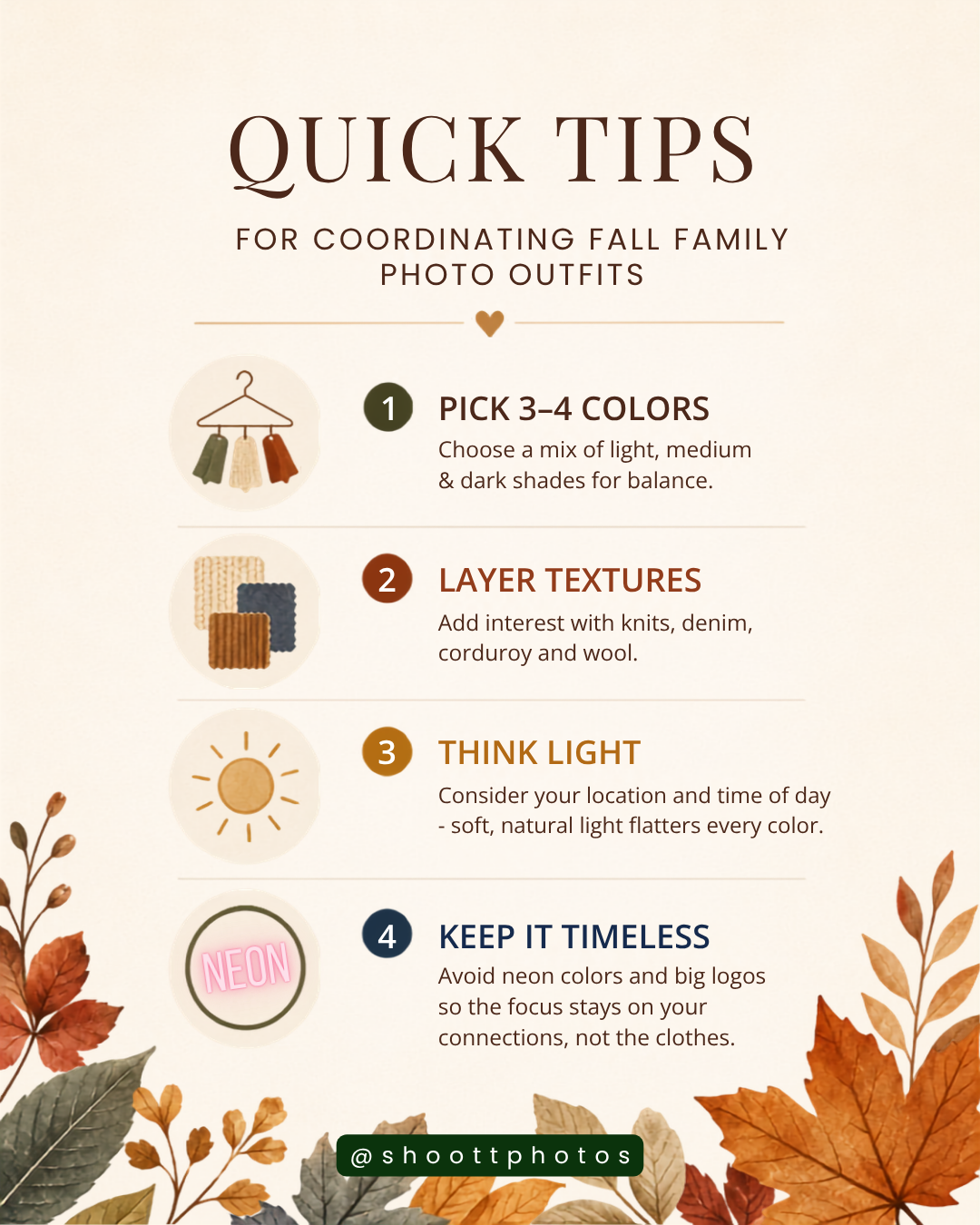 Tips for coordinating fall family photo outfits: choose three to four colors, layer textures, consider light, and avoid neon