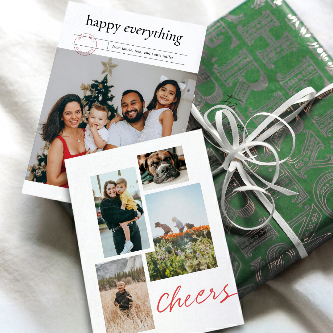 Outdoor family photo displayed on a holiday card