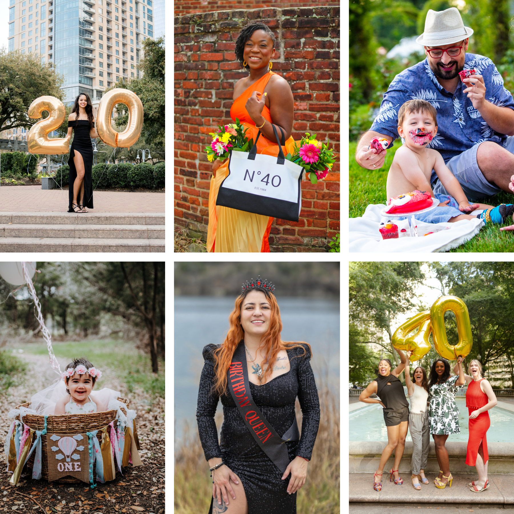 Collage of six people celebrating different birthday milestones during their Shoott sessions, including balloon numbers, a birthday sash, a smash cake, and a first birthday basket photo.