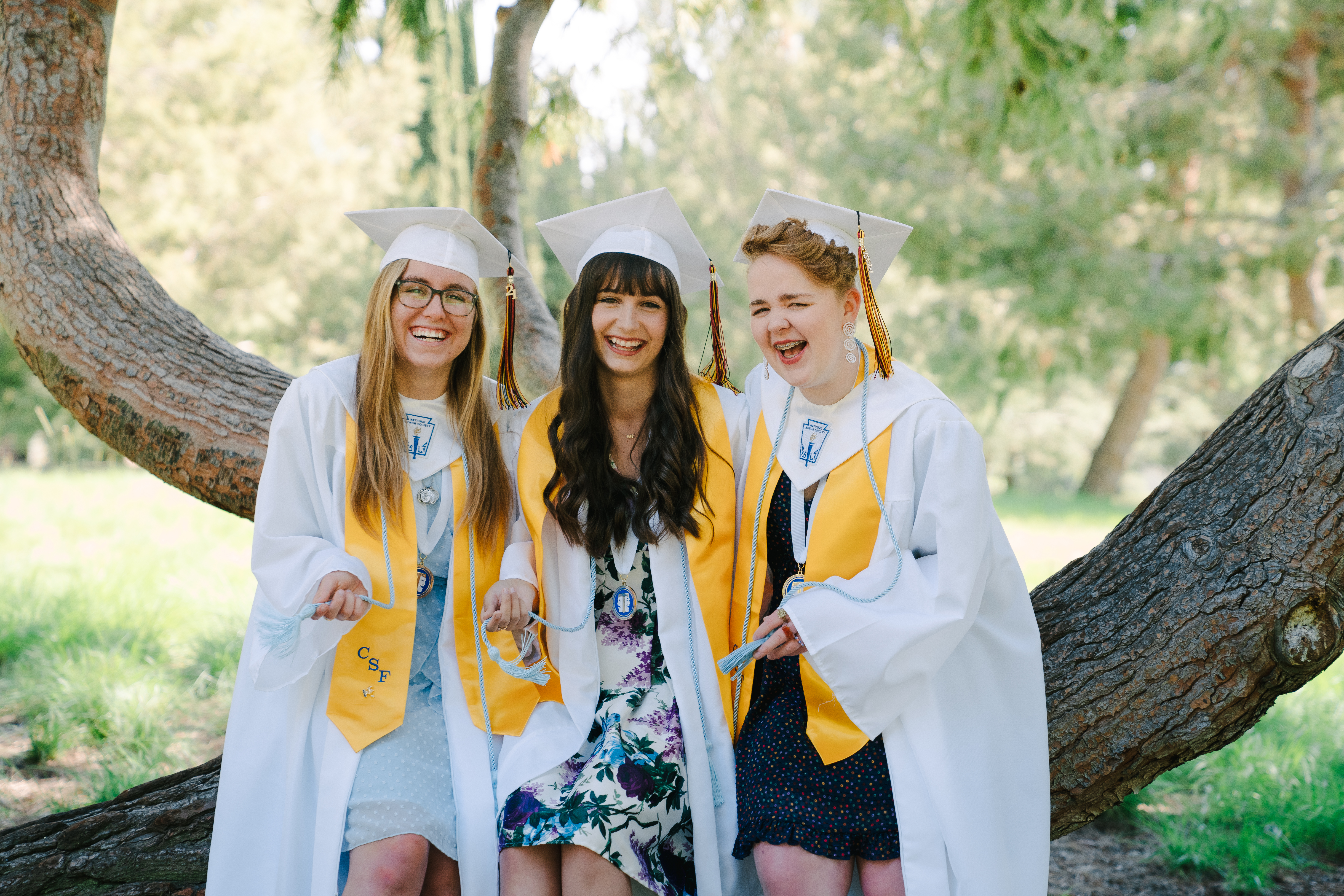 Three friends laughing together in white caps gowns and gold stoles under a tree during free Shoott graduation photo session in Atlanta