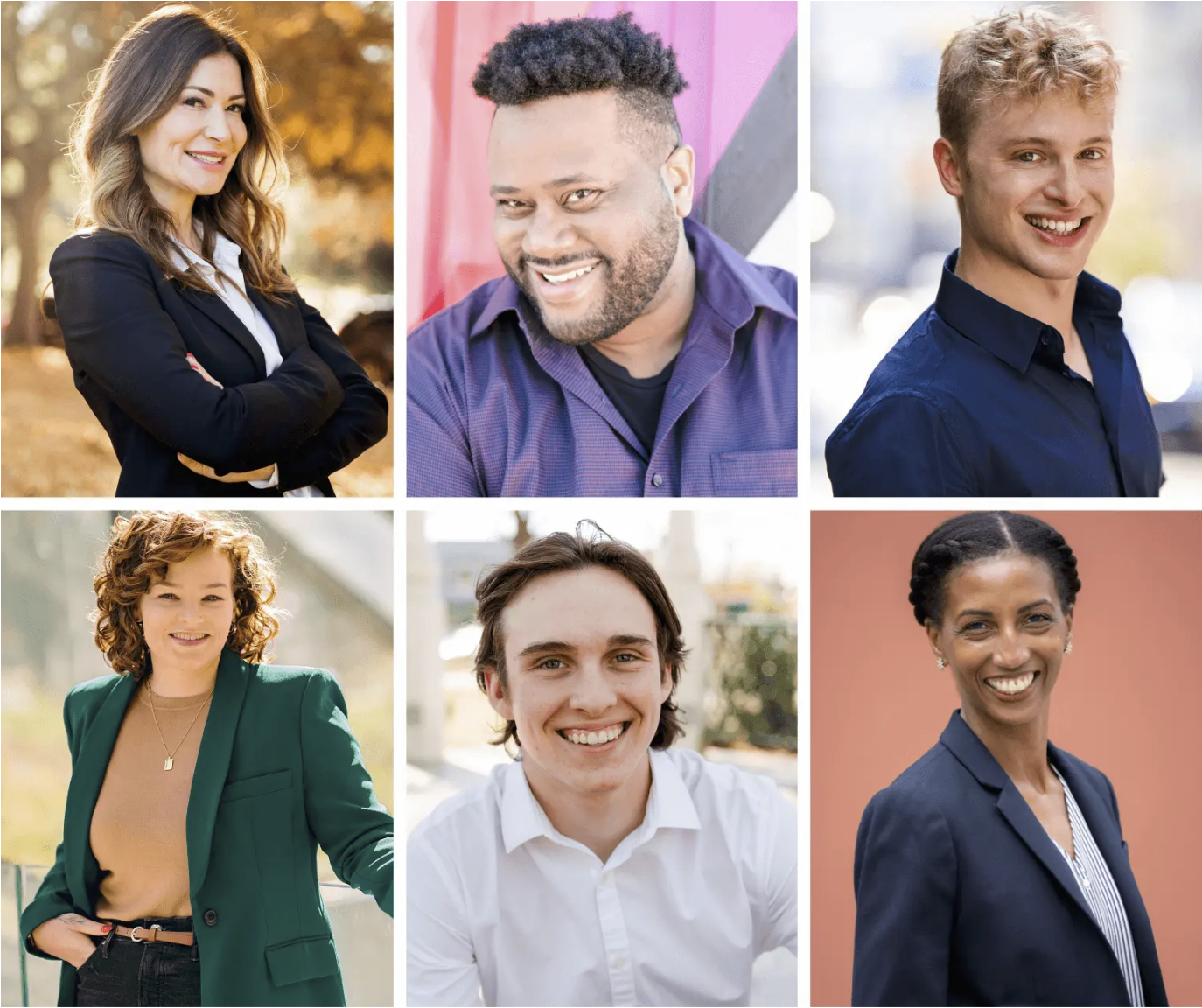 Six professional headshots of diverse men and women in business attire taken during free Shoott professional headshot photo sessions in Houston 