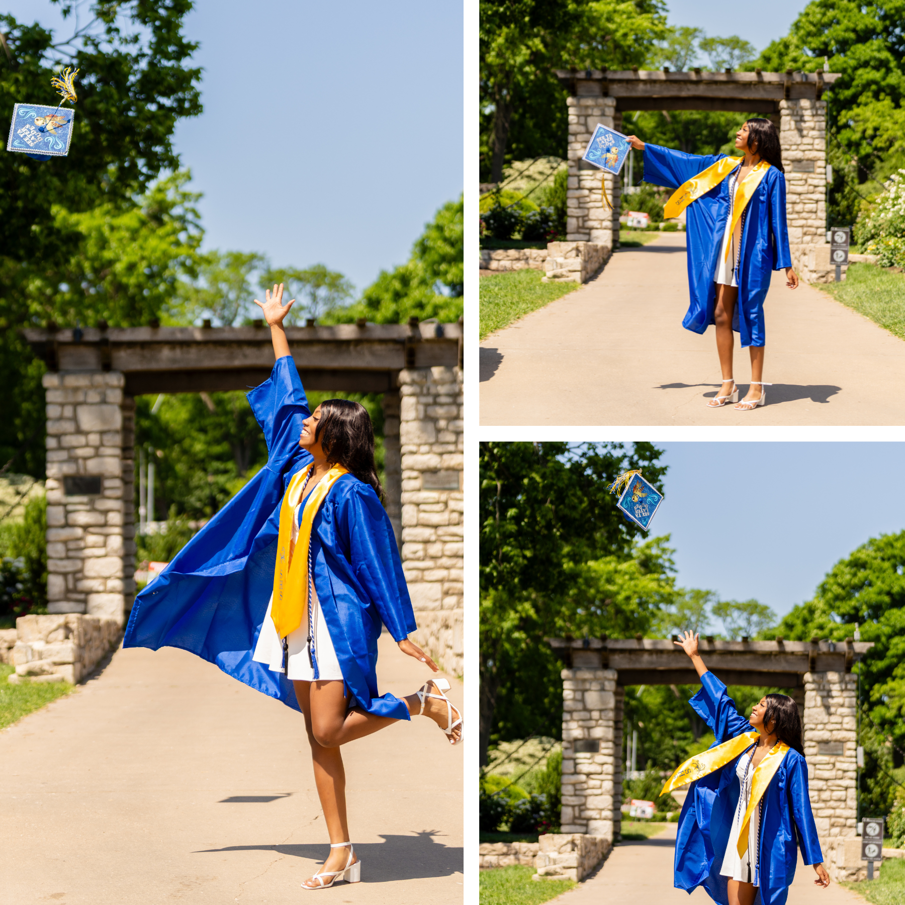 Graduate in a blue cap and gown with a gold stole, tossing her decorated cap in the air near a stone archway during her Shoott session.