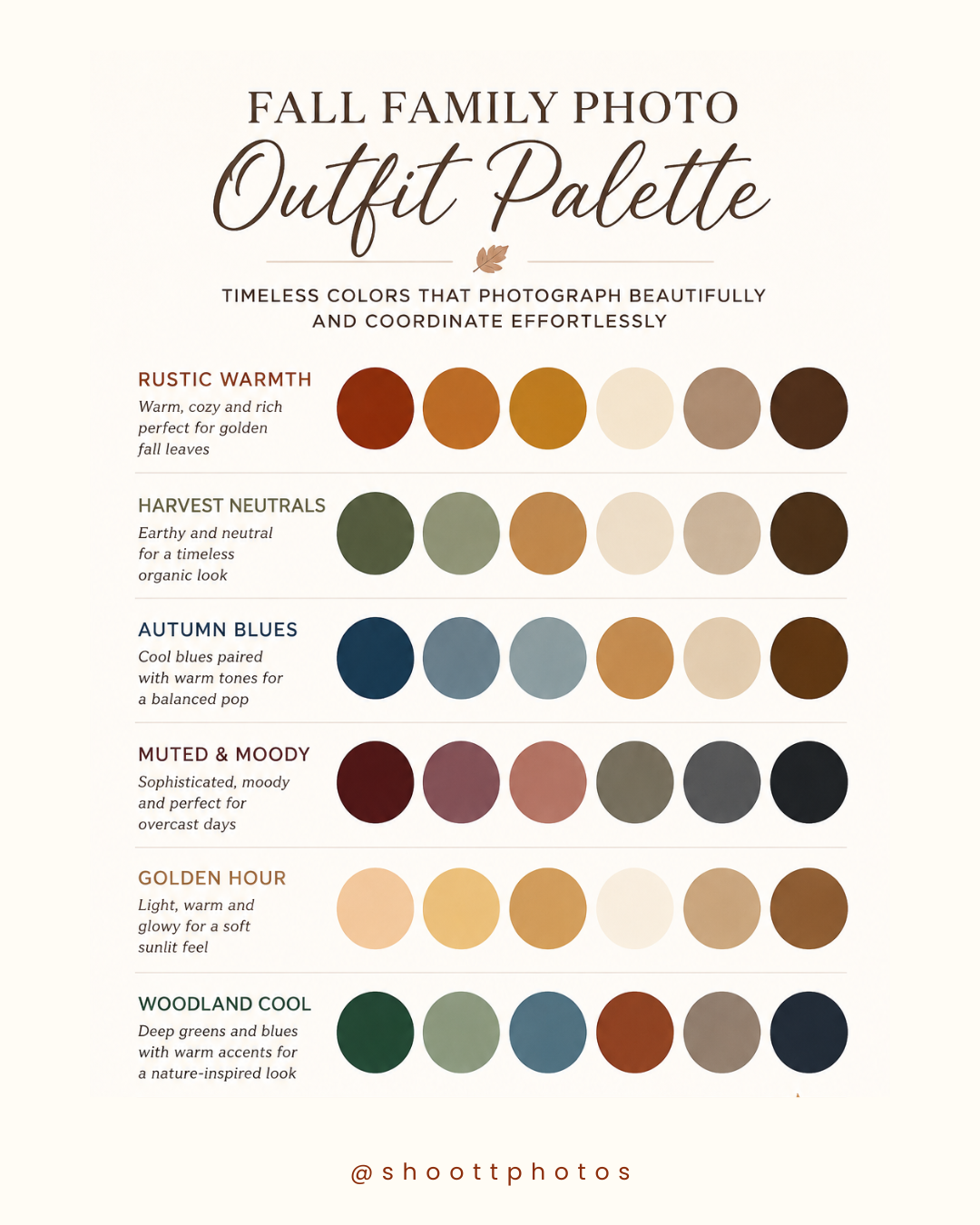 Fall family photo outfit color palettes including rust, olive, navy, cream, and burgundy