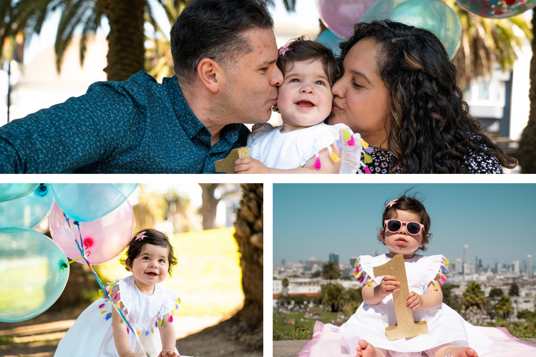 Family celebrating their daughter's first birthday with balloons, sunglasses, and a gold