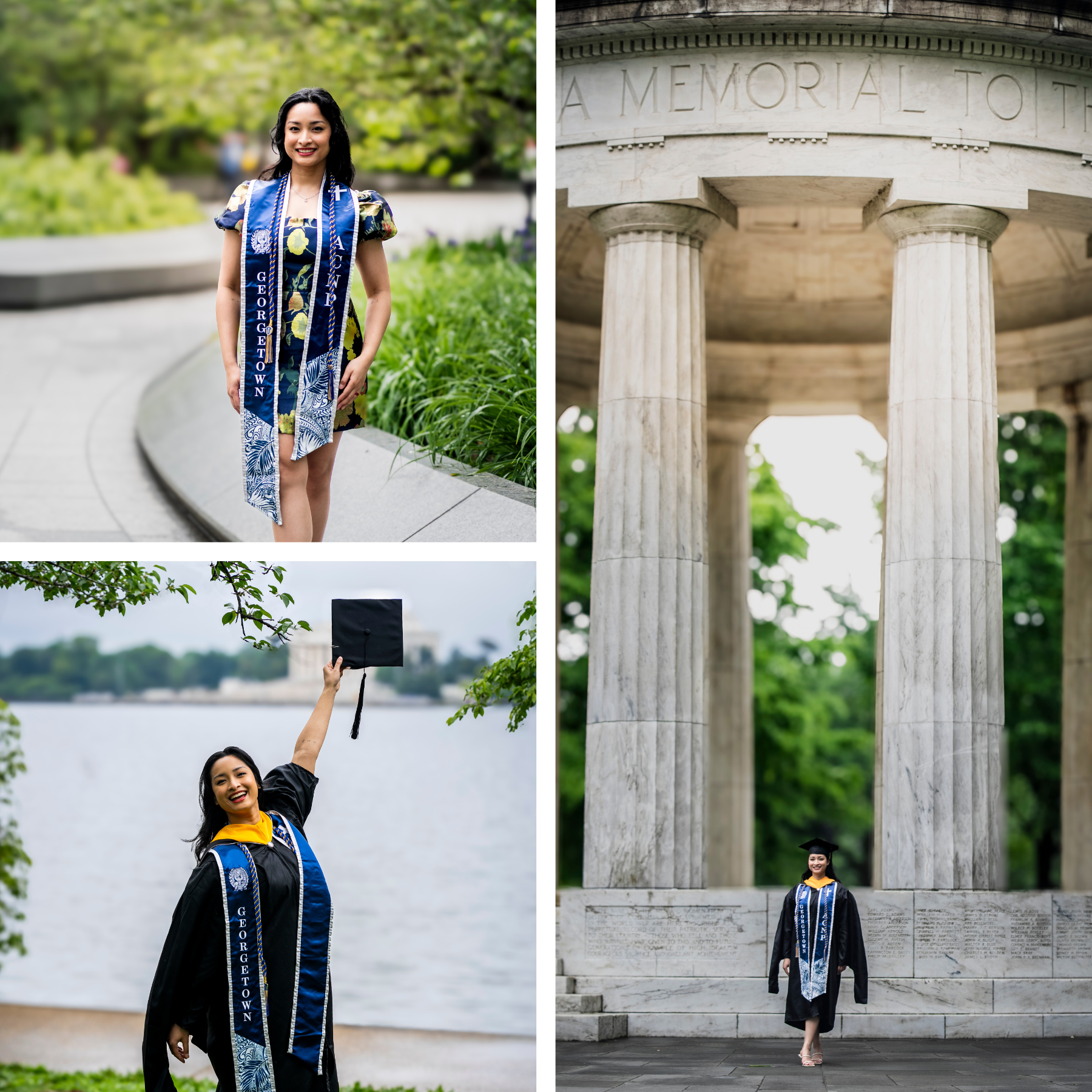 Georgetown graduate in a floral dress and academic stole, then in a black gown holding up her cap by the water with the Jefferson Memorial in the background, and walking beneath the columns of a DC memorial, all captured during her Shoott session.