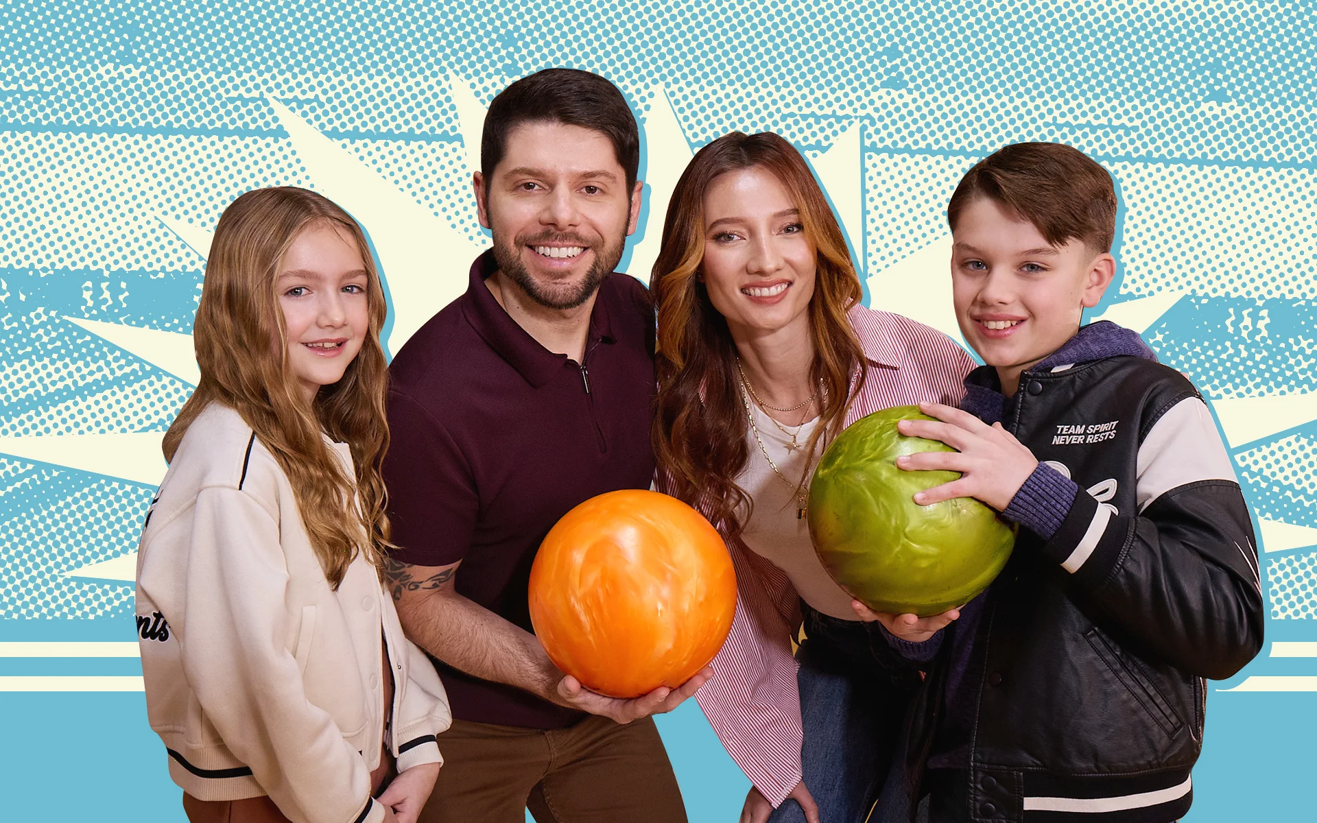 Family of four smiling and holding bowling balls against a blue comic-style starburst background