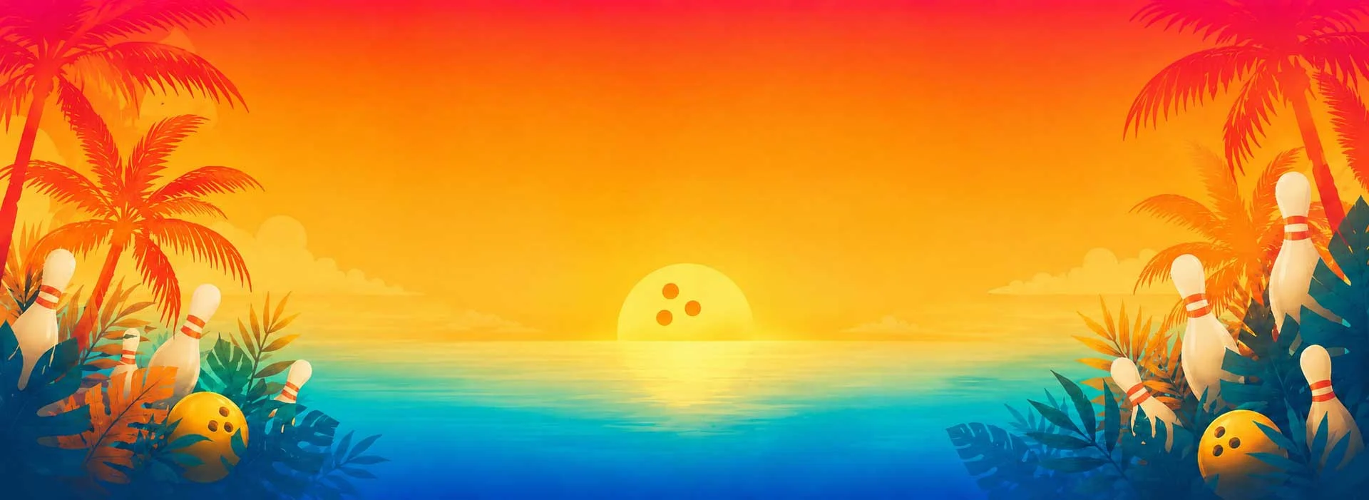 Tropical sunset bowling banner with palm trees, ocean-blue gradient, bowling pins, and bowling balls framing an open summer scene.