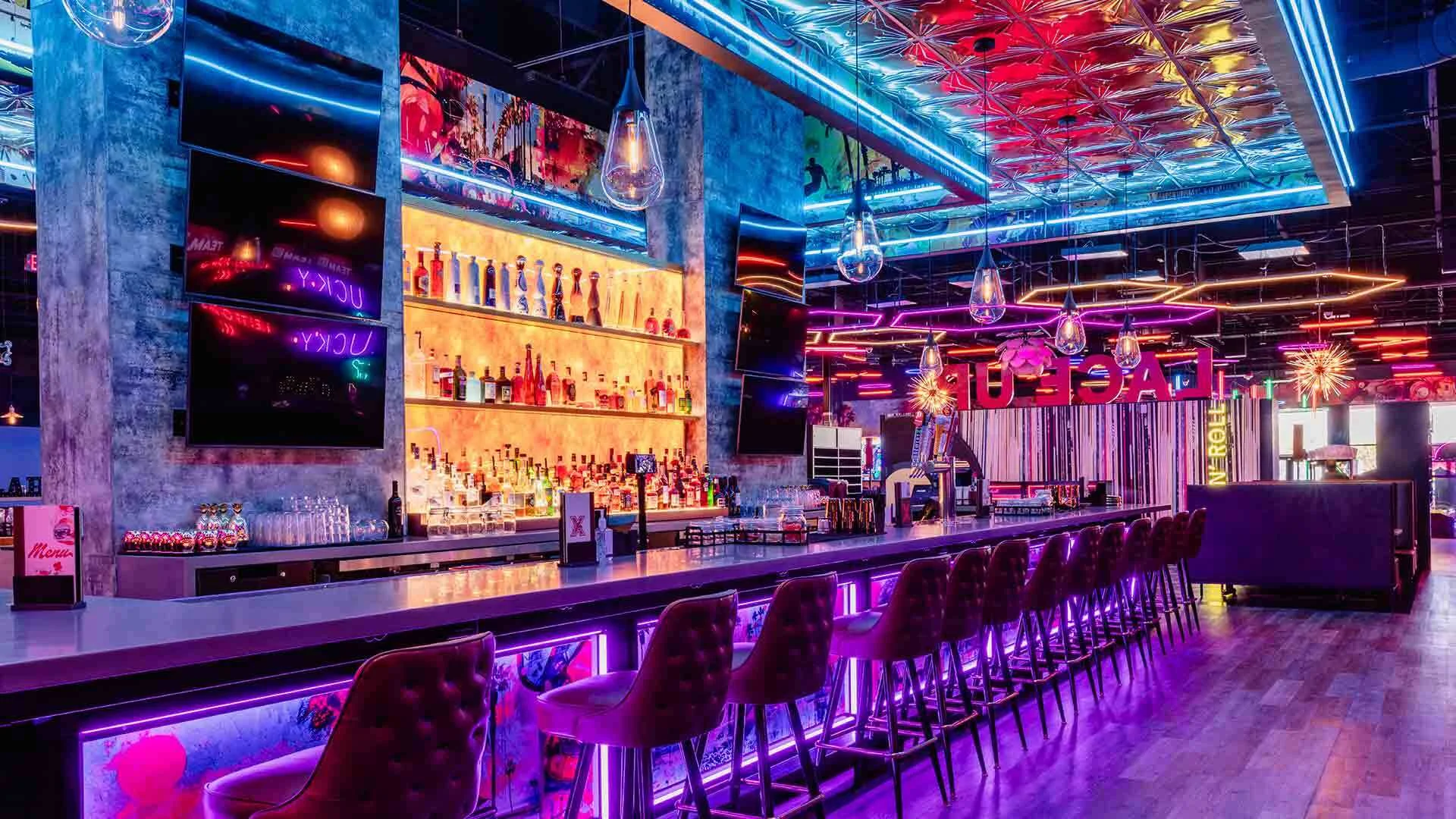 Beautiful bar with creative mood lighting.