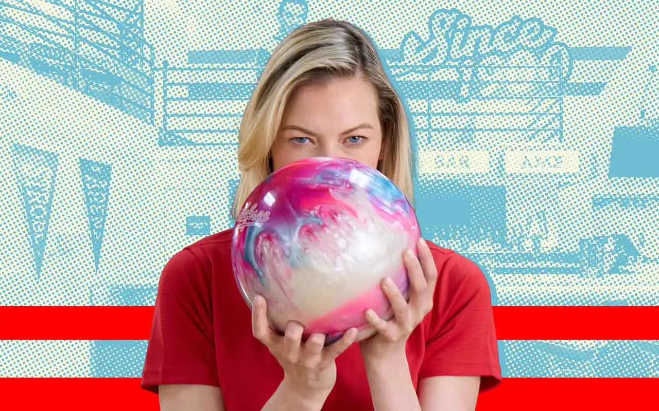 Bowler holding a pink and blue marbled bowling ball at eye level against a light blue halftone background with a red stripe.
