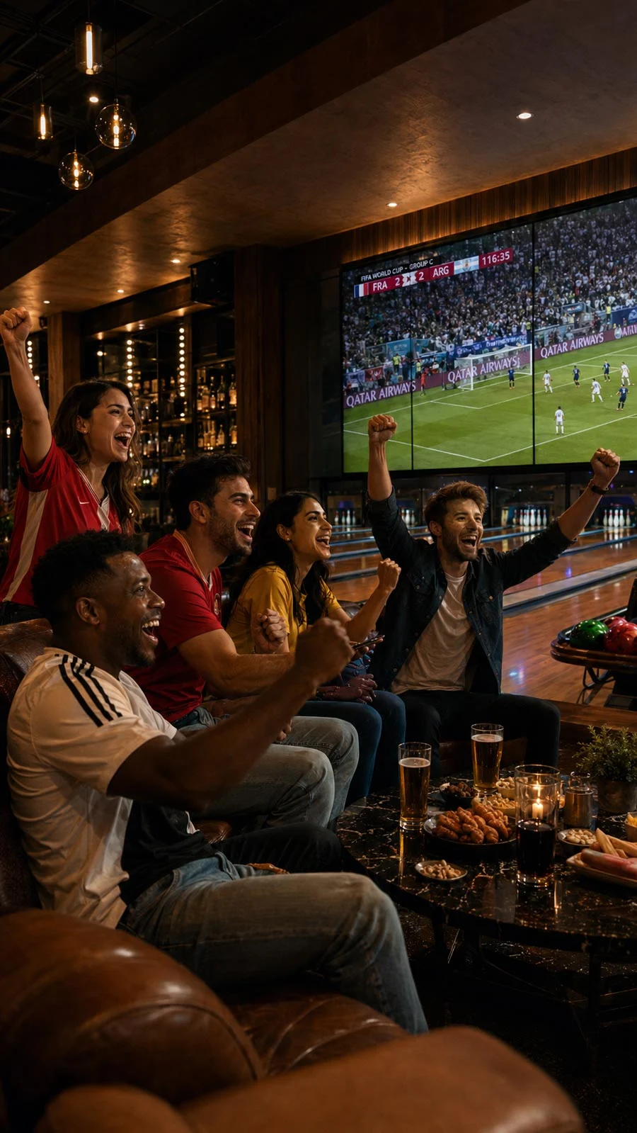 Fans watching a soccer match in an upscale bowling lounge with drinks, snacks, and lanes in the background.