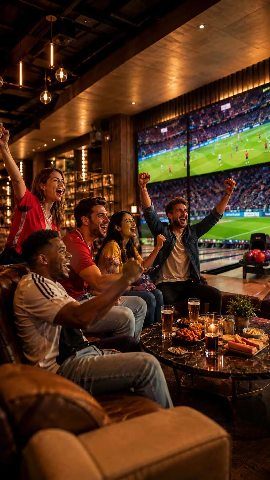 Fans watching a soccer match in an upscale bowling lounge with drinks, snacks, and lanes in the background.