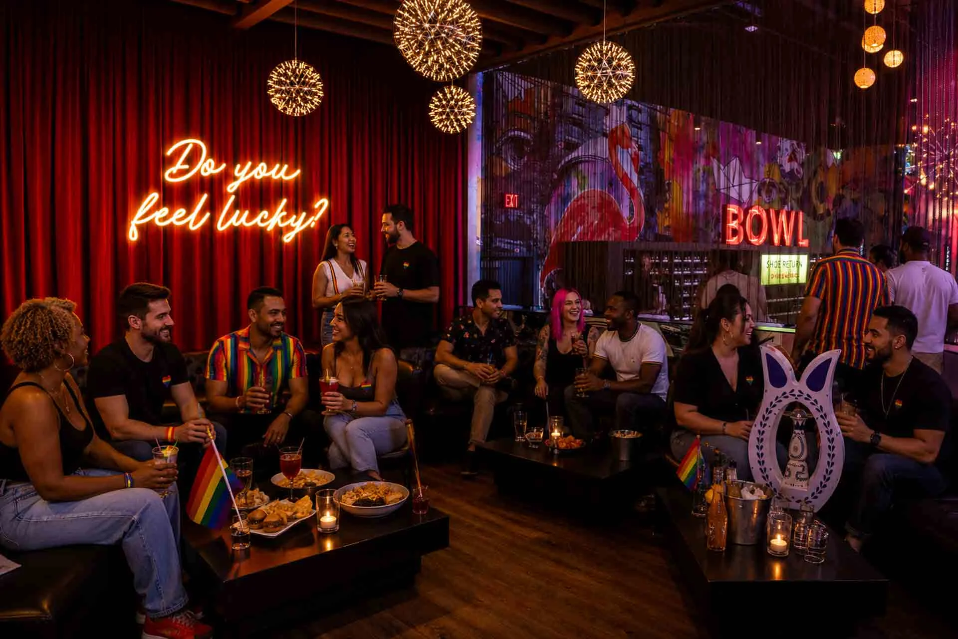 Friends celebrating Pride Month at Lucky Strike, enjoying cocktails, food, and socializing in a vibrant lounge with bowling and nightlife.