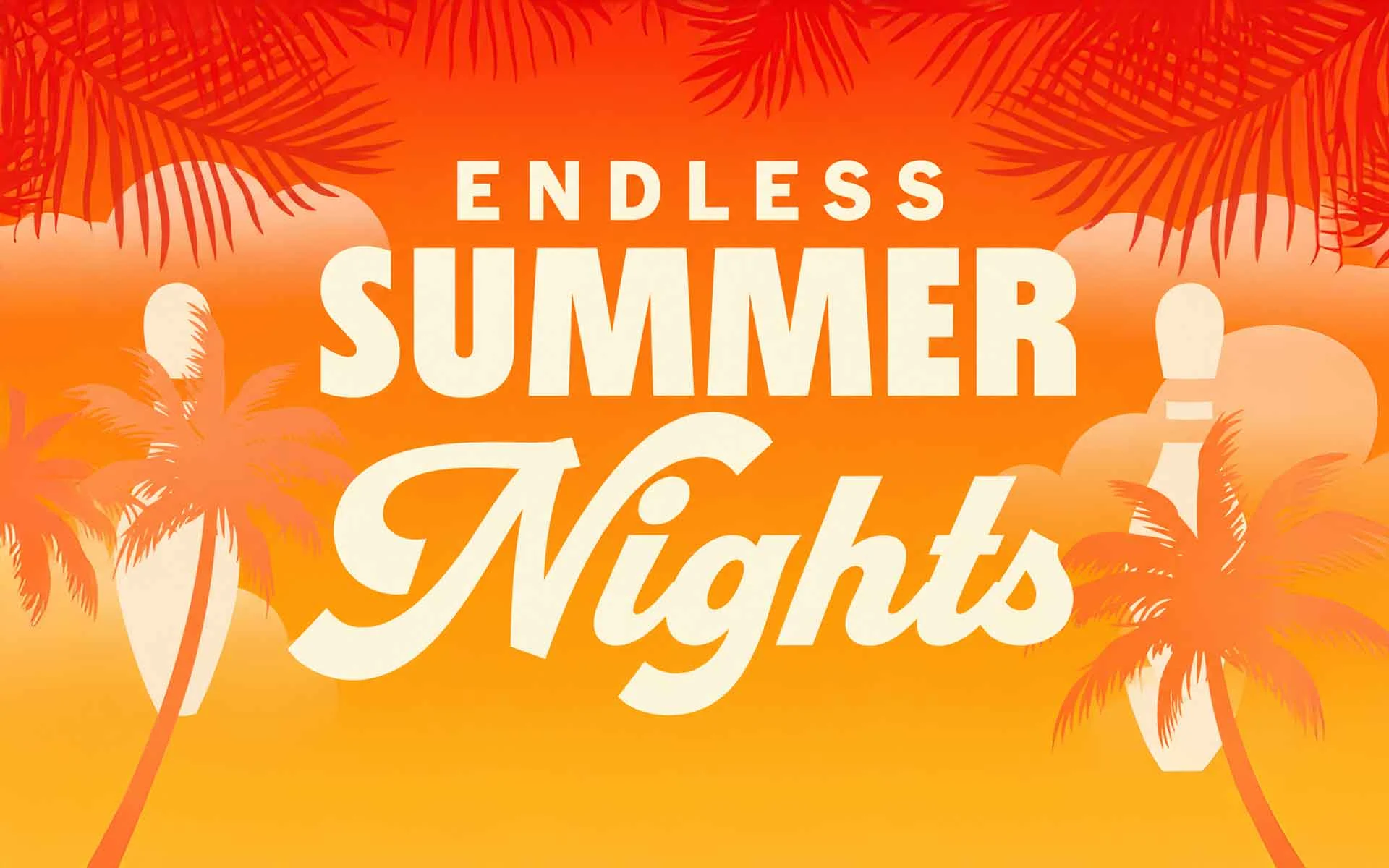 Retro “Endless Summer Nights” summer graphic with orange coral gradient, palm leaves, bowling pins, and 1960s beach vibes.