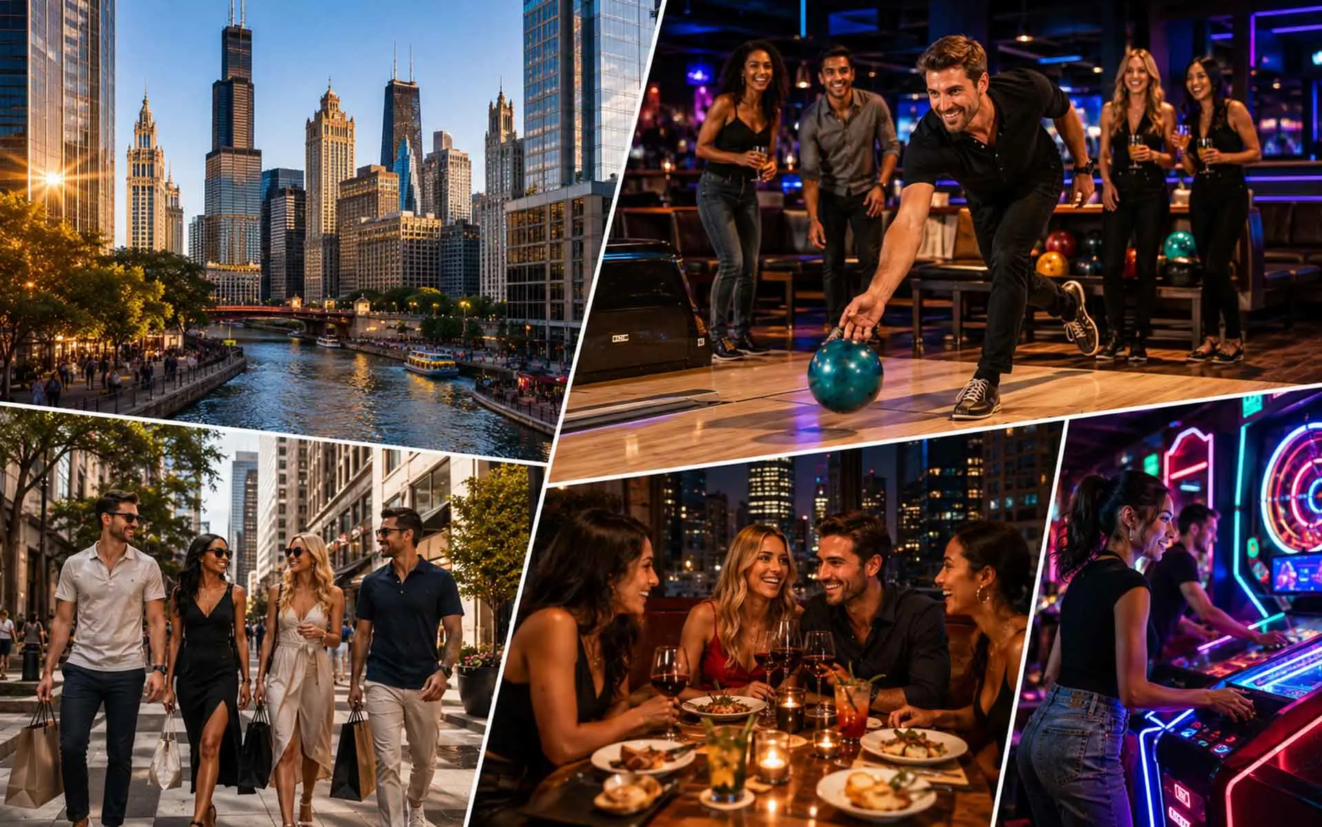 Chicago weekend collage with skyline views, shopping, bowling, arcade games, cocktails, and friends dining downtown.