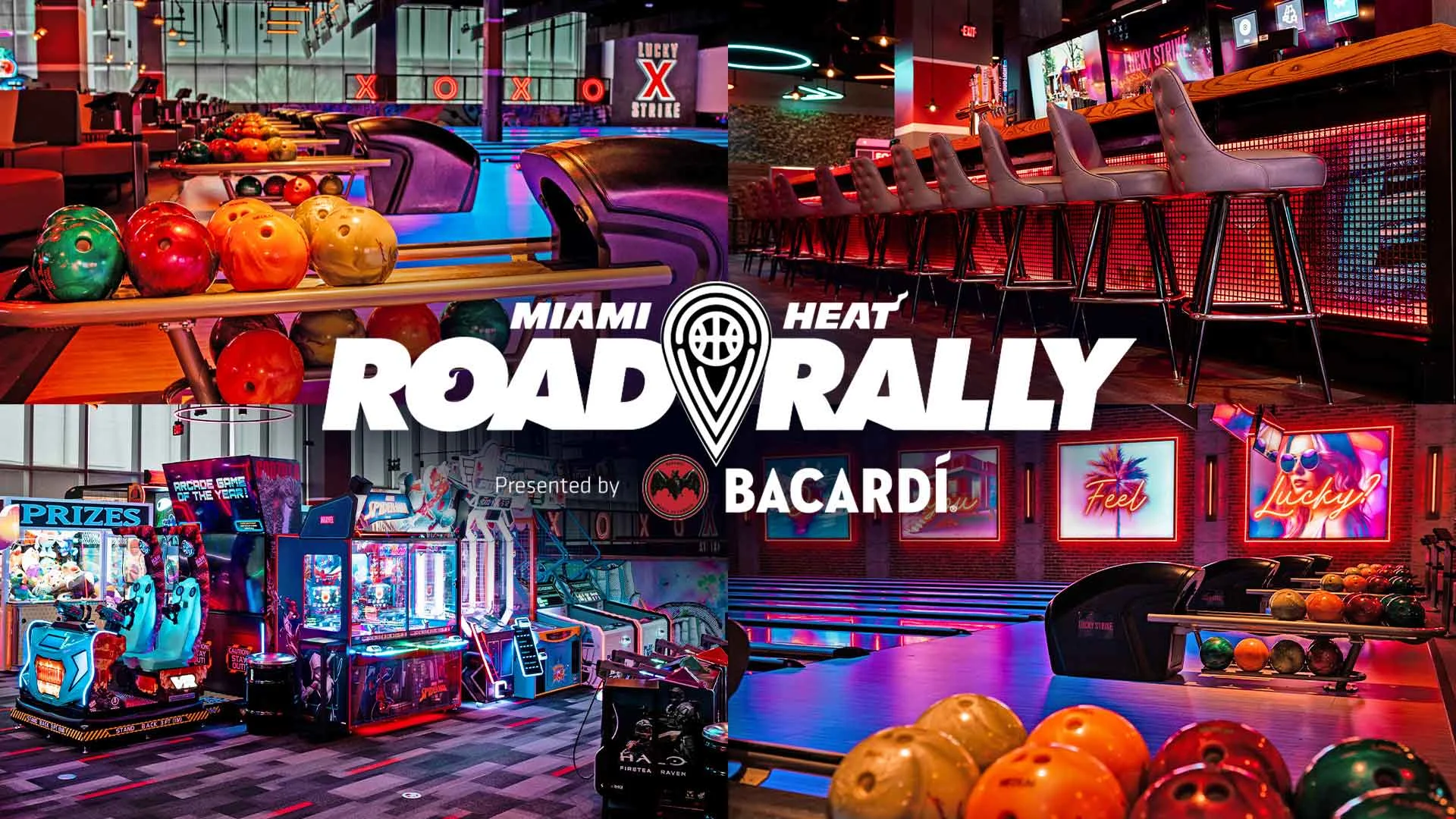 Lucky Strike bowling lanes, arcade games, and bar area featured in Miami Heat Road Rally event presented by Bacardi.