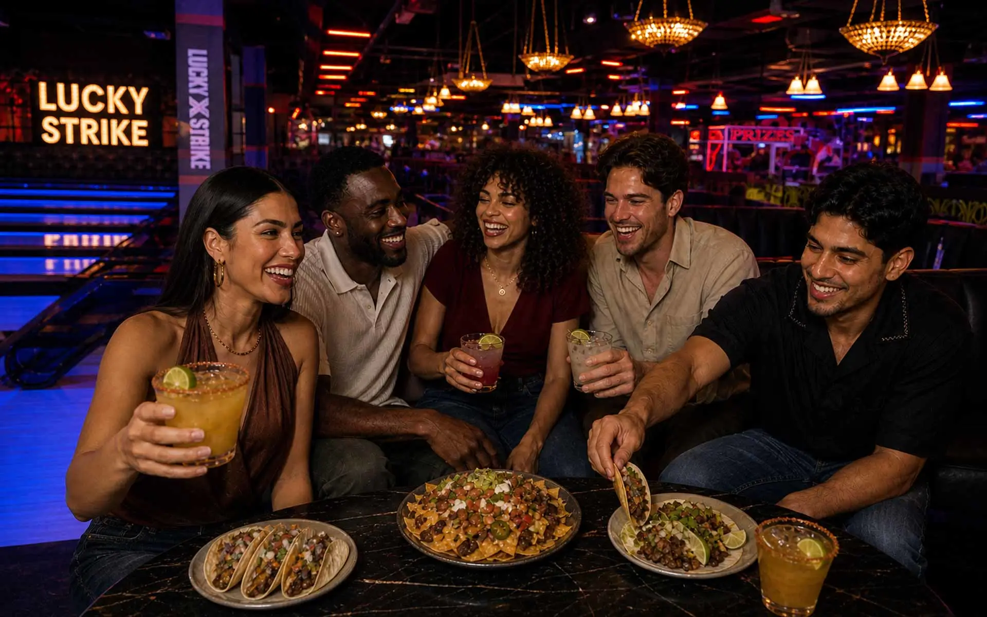 Four friends eating tacos and nachos in the seating area of an upscale Lucky Strike bowling alley.