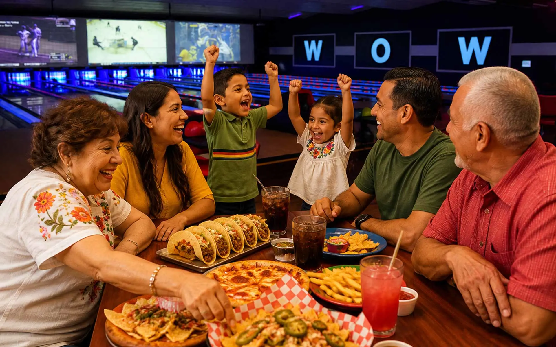 Multigenerational family celebrating Cinco de Mayo at a bowling alley, kids cheering with arms raised on the lane while parents and grandparents sit at a table enjoying tacos, nachos, pizza, fries, and drinks in a bright, lively setting.