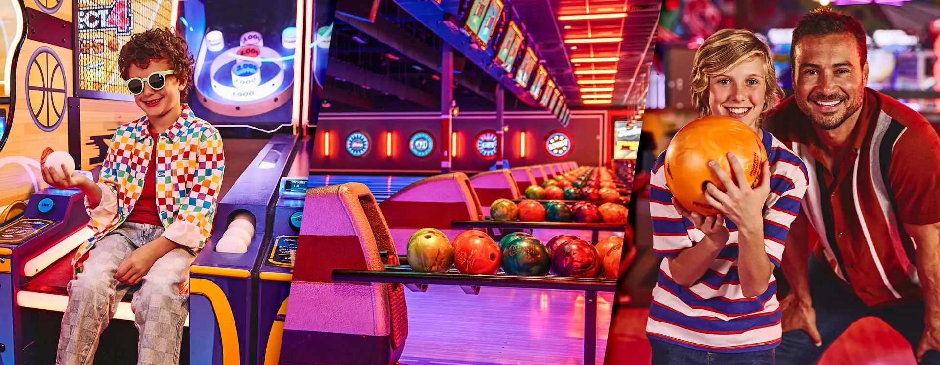 Kid sitting on a skee-ball machine and a father and son on the bowling lanes