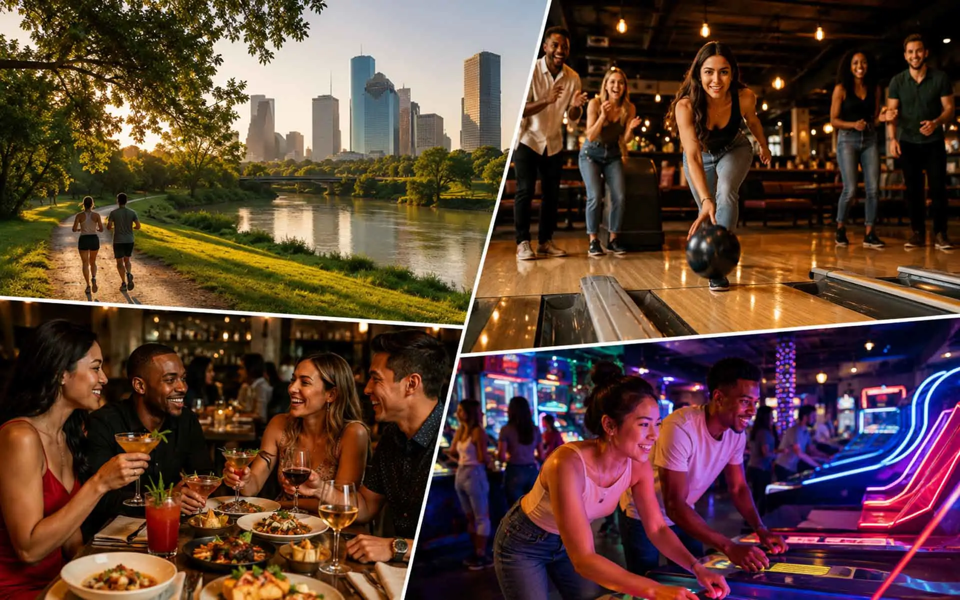 Friends enjoying a Houston weekend with skyline views, bowling, arcade games, cocktails, and group dining.