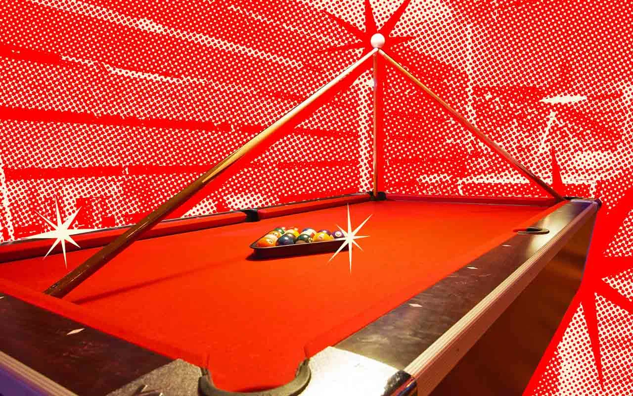 Red-felt billiards table with racked pool balls and cues against a red halftone background with retro starburst graphics.