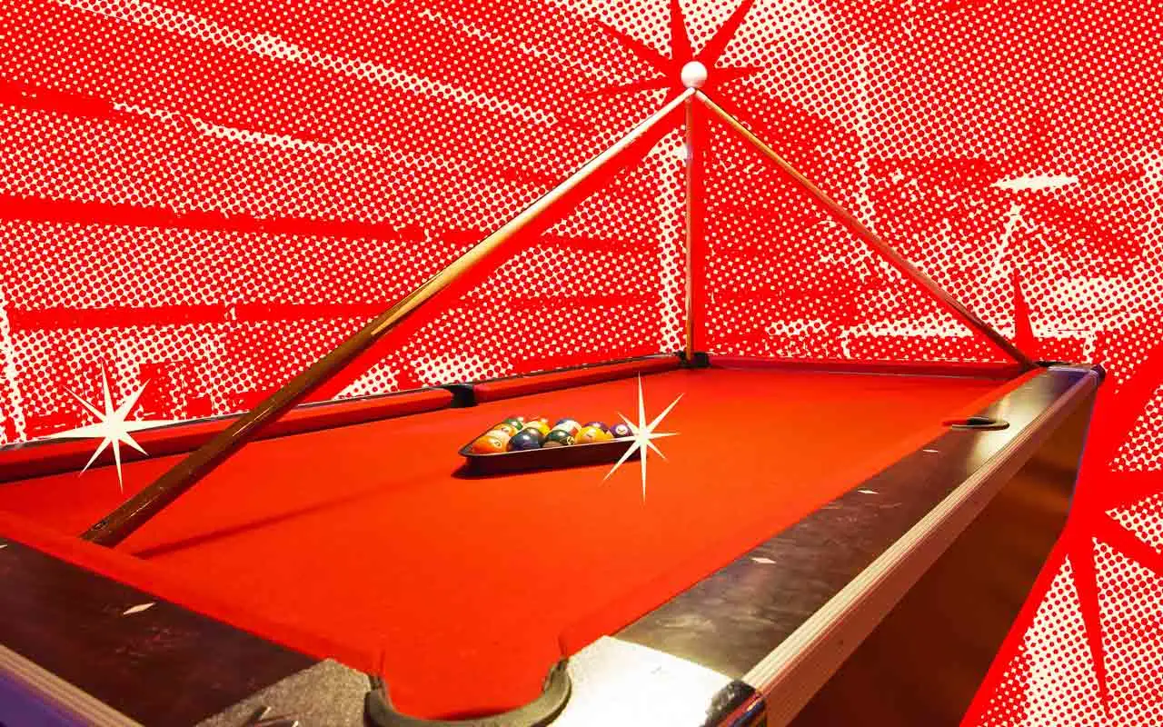 Red-felt billiards table with racked pool balls and cues against a red halftone background with retro starburst graphics.