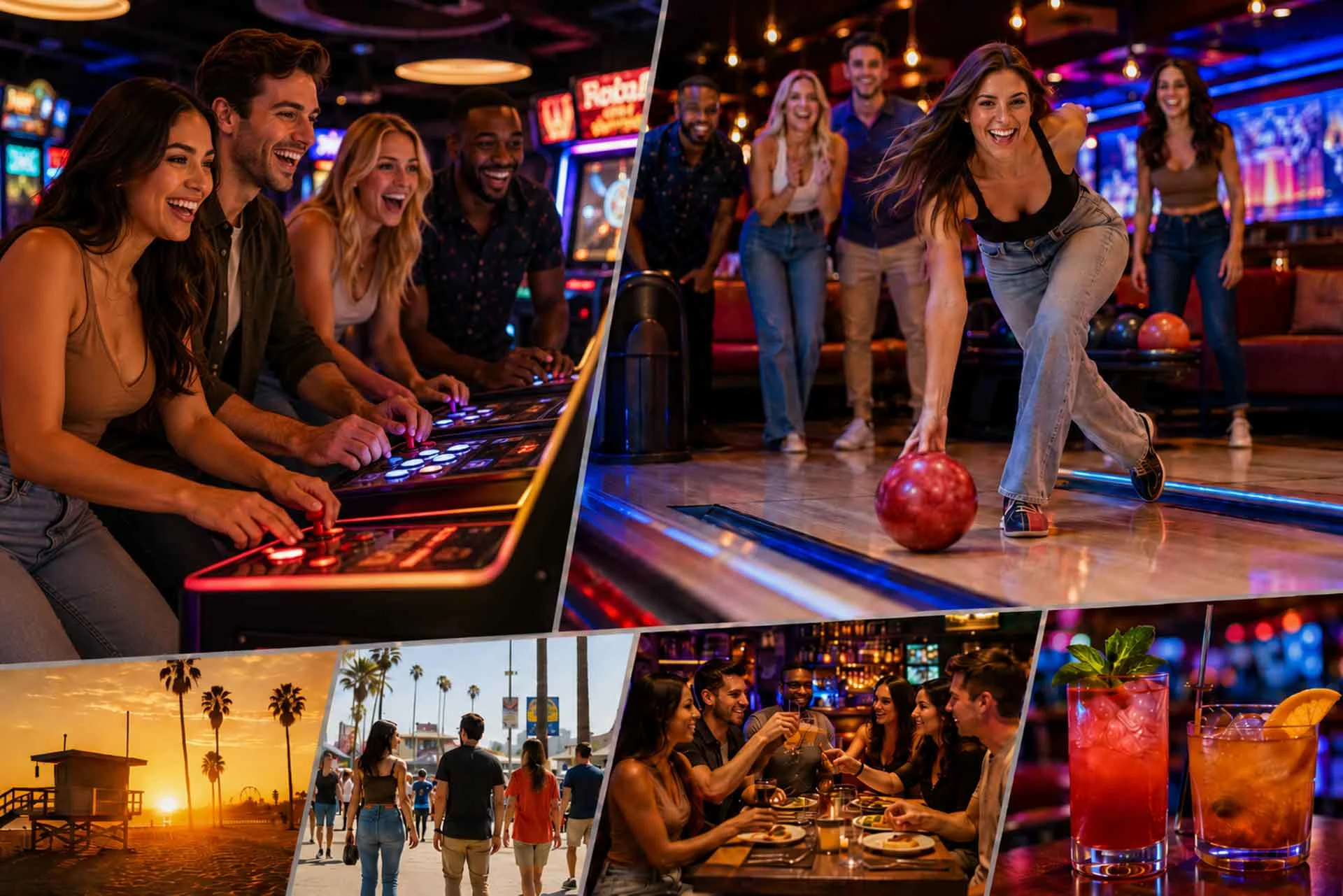 Friends bowling, playing arcade games, and enjoying cocktails near Los Angeles.