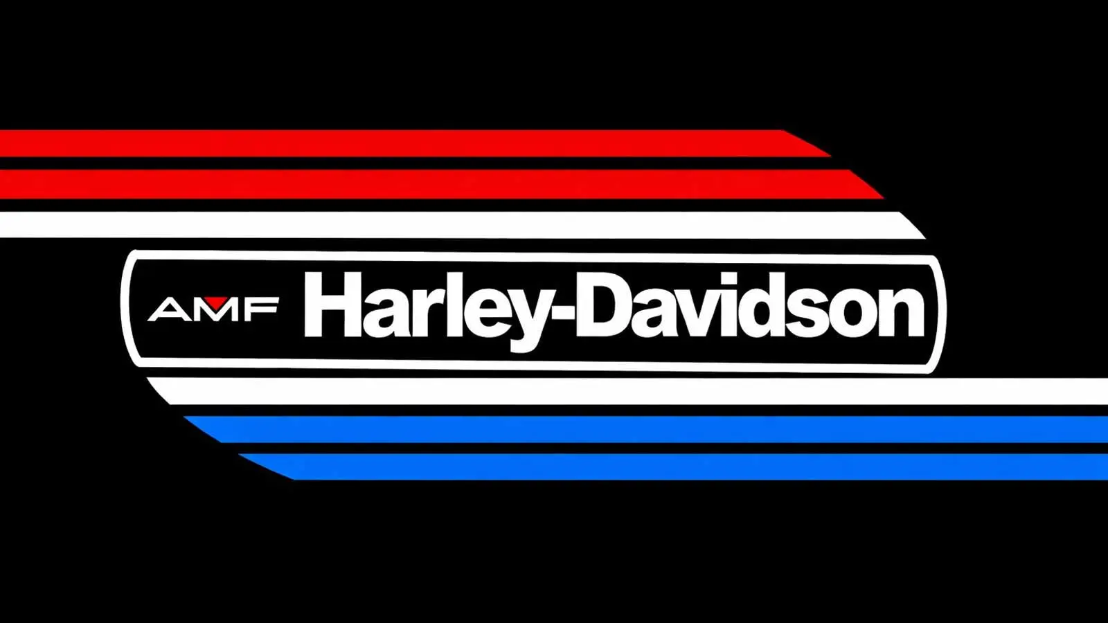 AMF Harley-Davidson logo featuring bold white lettering with red, white, and blue horizontal stripes on a black background.