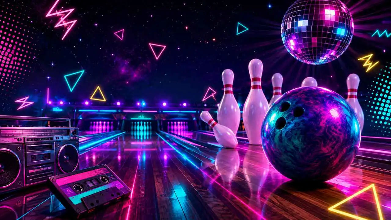 Neon-lit bowling lane with a retro boombox, cassette tape, disco ball, and glowing 80s-style graphics at Bowlero 80s themed bowling night