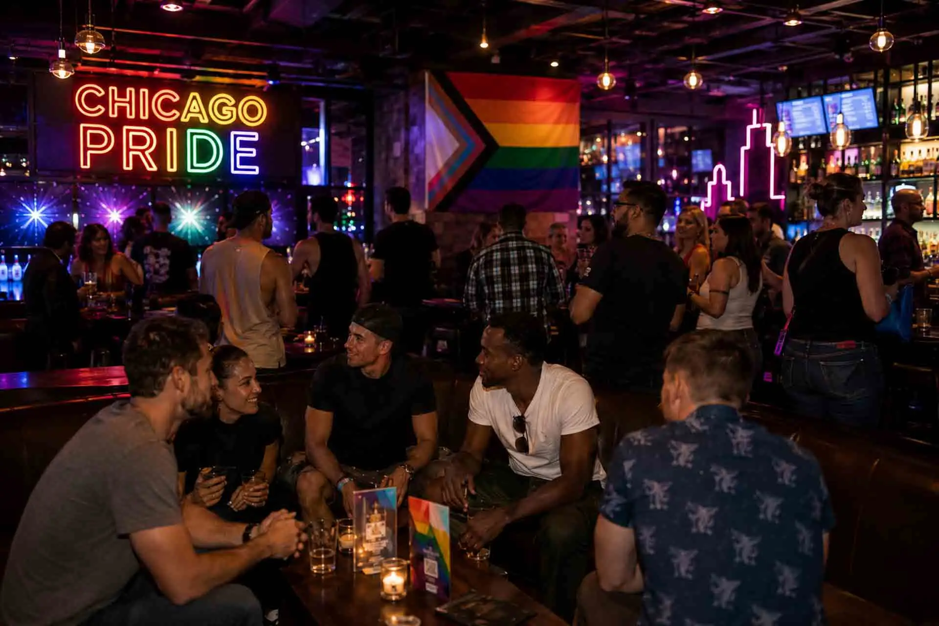 Friends celebrating Chicago Pride Month at Lucky Strike Chicago, enjoying cocktails and nightlife in a vibrant entertainment venue near Northalsted and River North with bowling, social gaming, and LGBTQ+ Pride festivities.