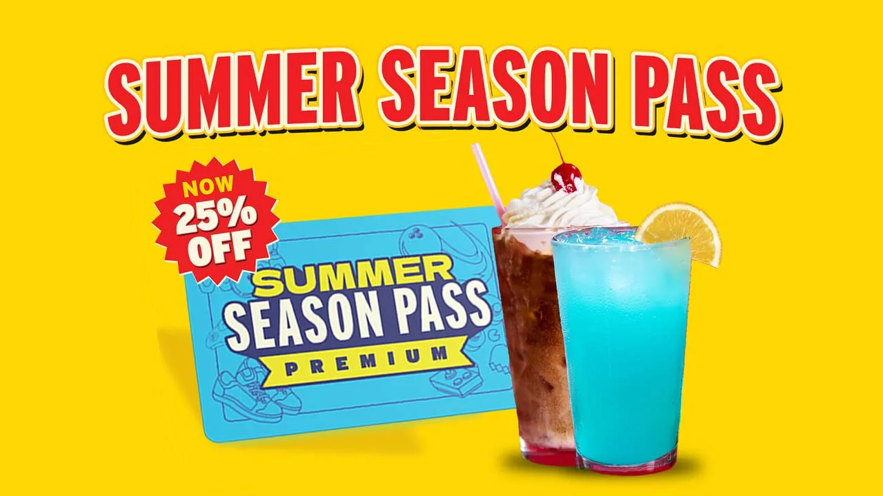 Summer Season Pass Premium promotional graphic with 25% off badge and two colorful drinks on a yellow background.