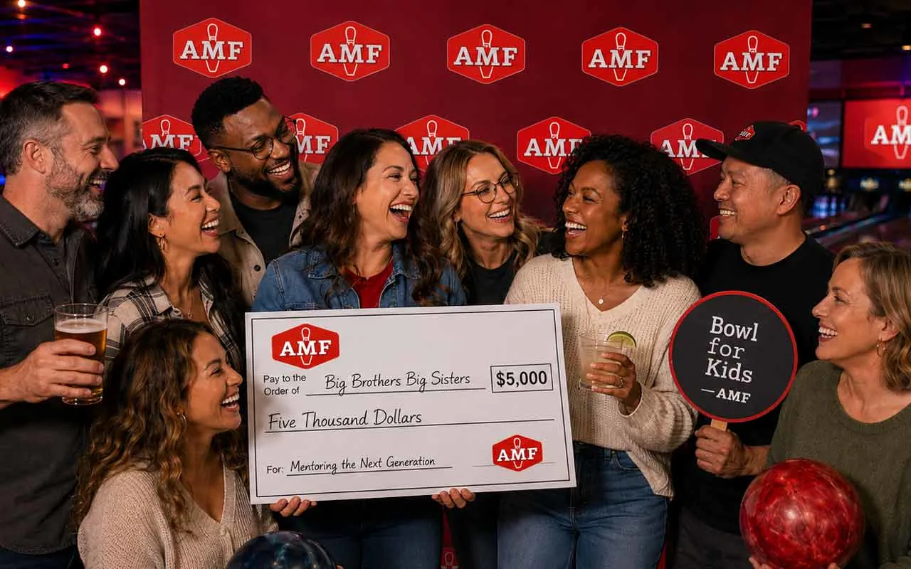 Diverse group celebrates an AMF Bowling fundraiser with donation check, Bowl for Kids paddle, drinks, and bowling balls.