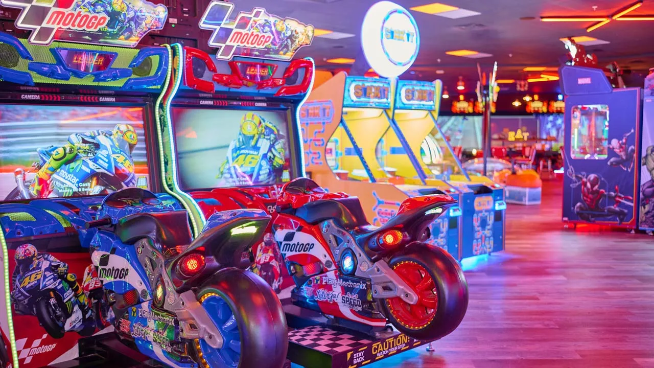 Large and colorful arcade games in a beautiful arcade room